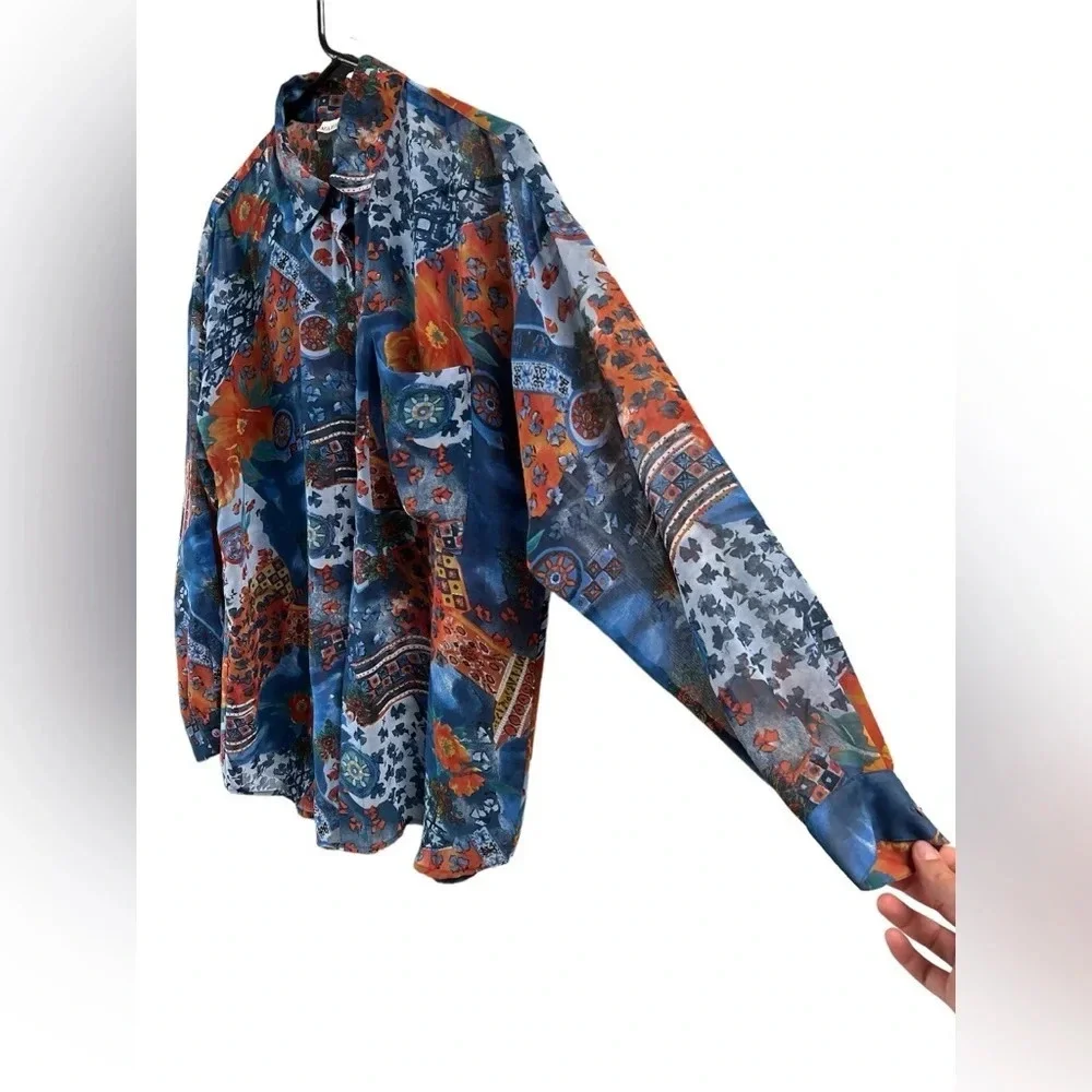 Vintage floral blue and orange Greece button up blouse